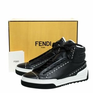 Fendi Black/White Leather Lace-Up Hightop Sneakers